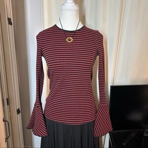 Zara red and navy striped bell sleeve top